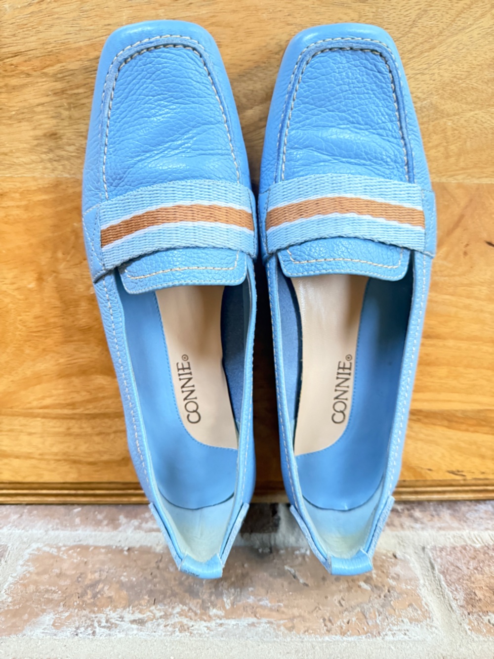 Connie Light Blue Leather Loafers with Brown Accent Stripe - Picture 3 of 4